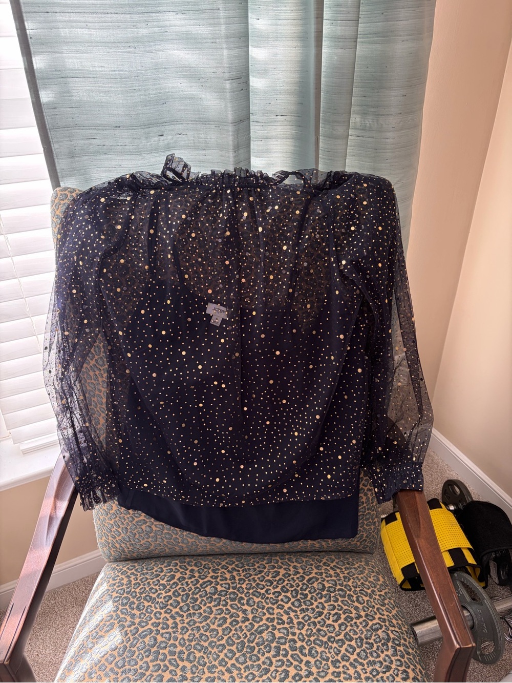 Sheer Navy Bananna Republic Long-Sleeve Blouse with Gold Dot Detail